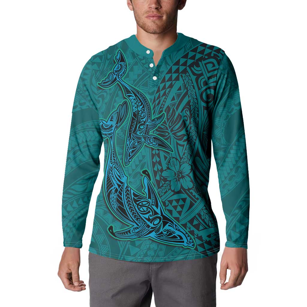Hawaiian Whales Polynesian Art Motifs Button Sweatshirt Turquoise Color - Polynesian Pride
