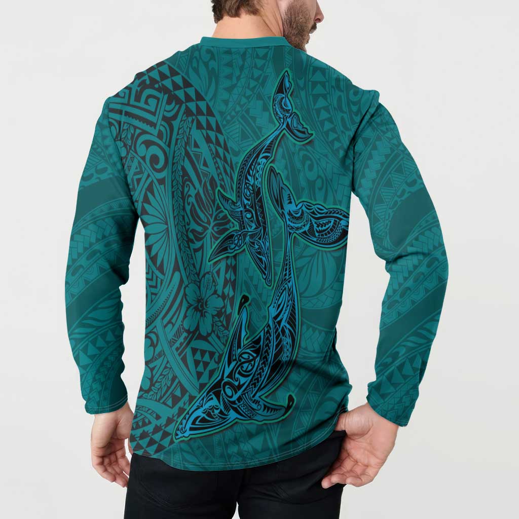 Hawaiian Whales Polynesian Art Motifs Button Sweatshirt Turquoise Color - Polynesian Pride
