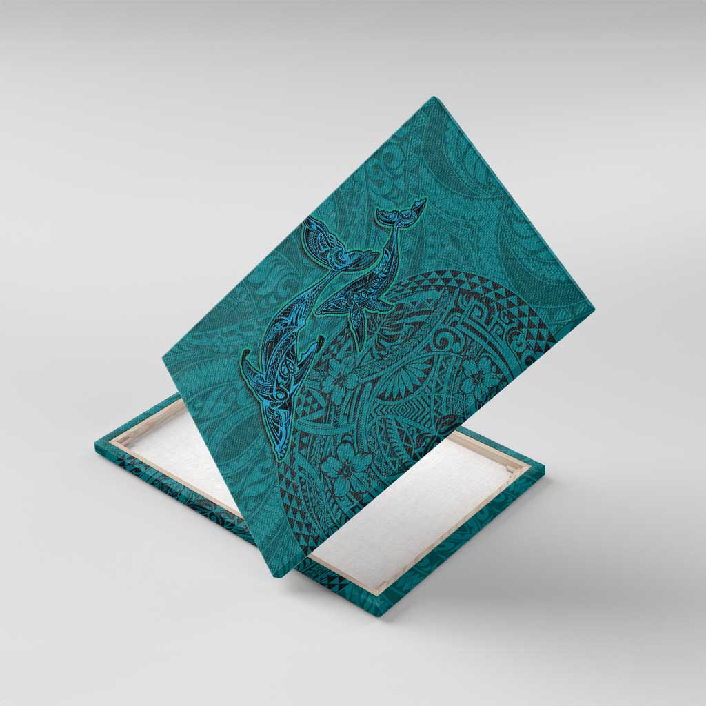 Hawaiian Whales Polynesian Art Motifs Canvas Wall Art Turquoise Color - Polynesian Pride