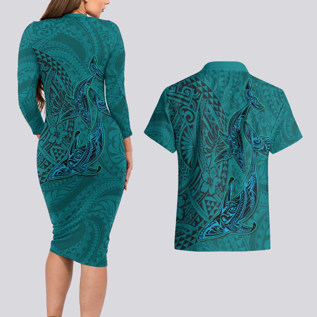 Hawaiian Whales Polynesian Art Motifs Couples Matching Long Sleeve Bodycon Dress and Hawaiian Shirt Turquoise Color - Polynesian Pride