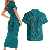 Hawaiian Whales Polynesian Art Motifs Couples Matching Short Sleeve Bodycon Dress and Hawaiian Shirt Turquoise Color - Polynesian Pride