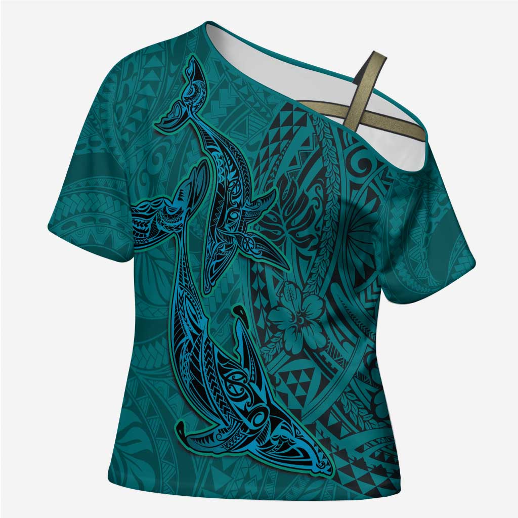 Hawaiian Whales Polynesian Art Motifs Cross Shoulder Shirt Turquoise Color - Polynesian Pride