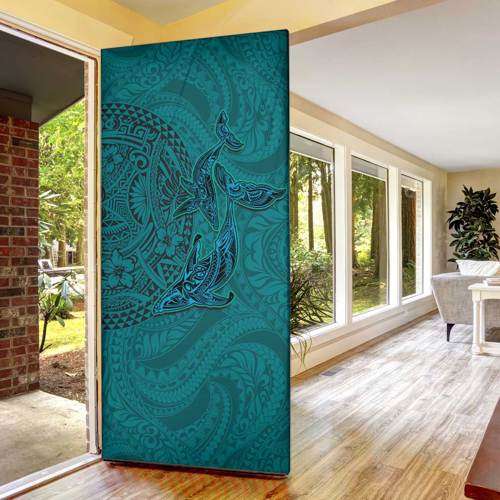 Hawaiian Whales Polynesian Art Motifs Door Cover Turquoise Color - Polynesian Pride