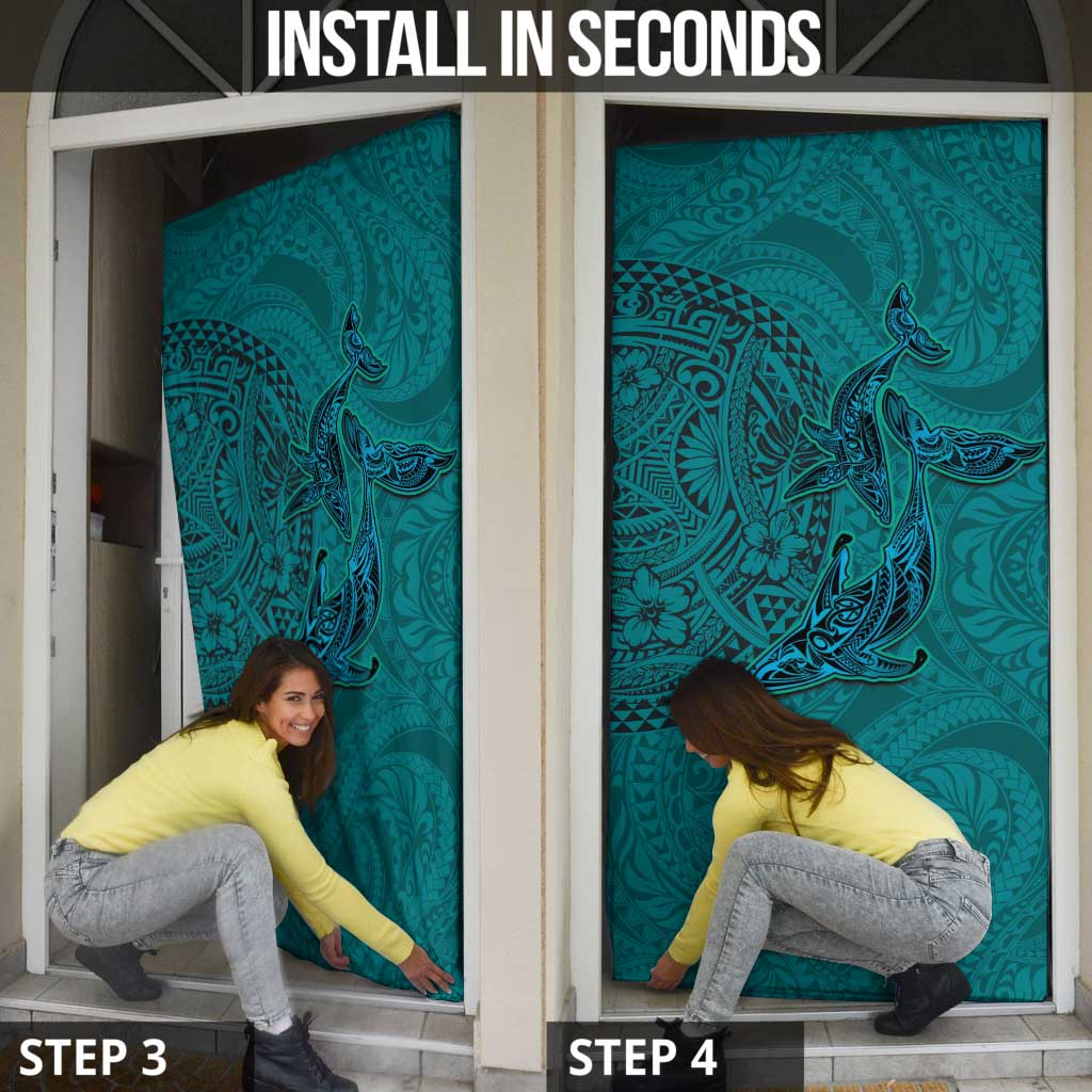 Hawaiian Whales Polynesian Art Motifs Door Cover Turquoise Color - Polynesian Pride