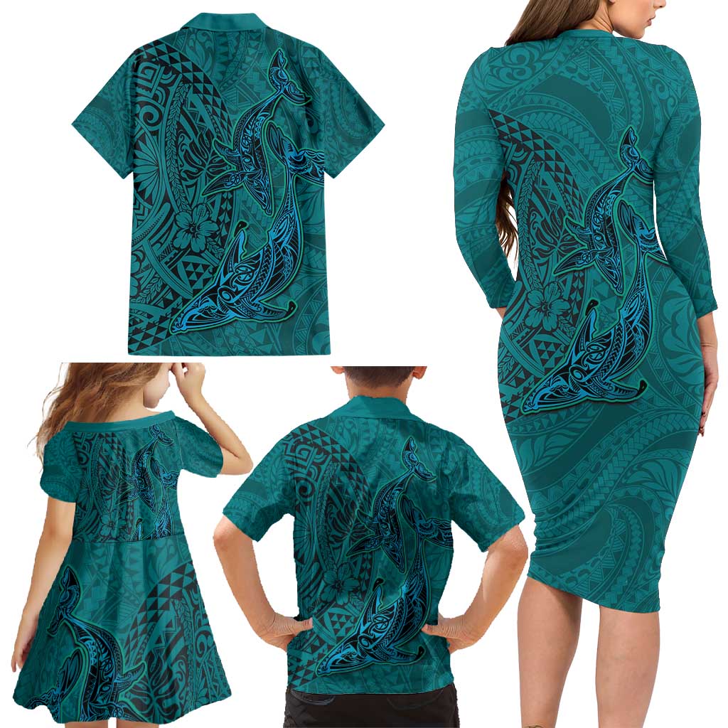 Hawaiian Whales Polynesian Art Motifs Family Matching Long Sleeve Bodycon Dress and Hawaiian Shirt Turquoise Color - Polynesian Pride