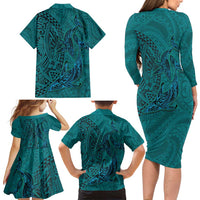 Hawaiian Whales Polynesian Art Motifs Family Matching Long Sleeve Bodycon Dress and Hawaiian Shirt Turquoise Color - Polynesian Pride