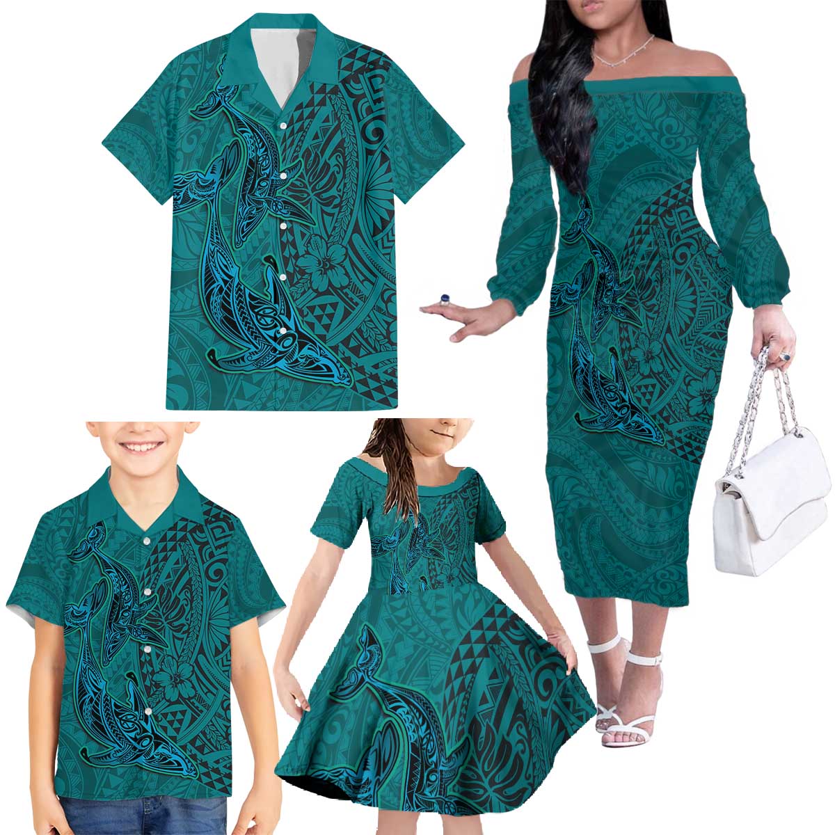 Hawaiian Whales Polynesian Art Motifs Family Matching Off The Shoulder Long Sleeve Dress and Hawaiian Shirt Turquoise Color - Polynesian Pride