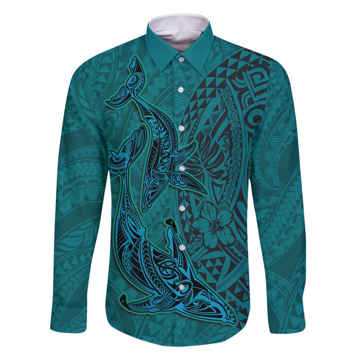 Hawaiian Whales Polynesian Art Motifs Family Matching Off The Shoulder Long Sleeve Dress and Hawaiian Shirt Turquoise Color - Polynesian Pride