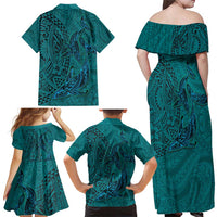 Hawaiian Whales Polynesian Art Motifs Family Matching Off Shoulder Maxi Dress and Hawaiian Shirt Turquoise Color - Polynesian Pride