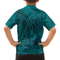 Hawaiian Whales Polynesian Art Motifs Family Matching Off Shoulder Short Dress and Hawaiian Shirt Turquoise Color - Polynesian Pride