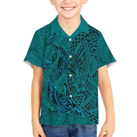Hawaiian Whales Polynesian Art Motifs Family Matching Off Shoulder Short Dress and Hawaiian Shirt Turquoise Color - Polynesian Pride