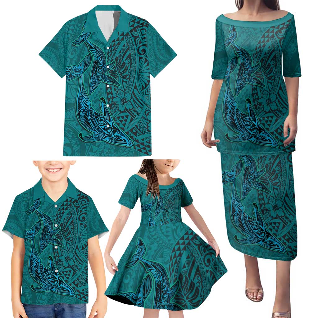 Hawaiian Whales Polynesian Art Motifs Family Matching Puletasi and Hawaiian Shirt Turquoise Color - Polynesian Pride