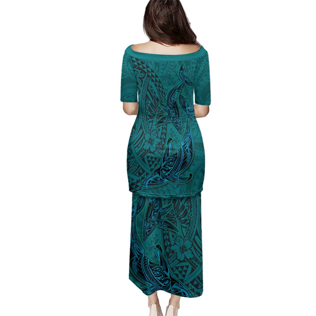 Hawaiian Whales Polynesian Art Motifs Family Matching Puletasi and Hawaiian Shirt Turquoise Color - Polynesian Pride