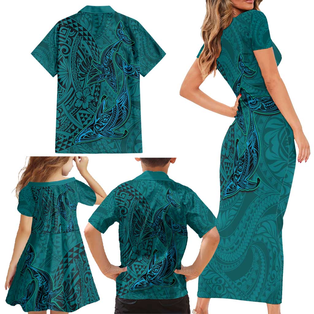 Hawaiian Whales Polynesian Art Motifs Family Matching Short Sleeve Bodycon Dress and Hawaiian Shirt Turquoise Color - Polynesian Pride
