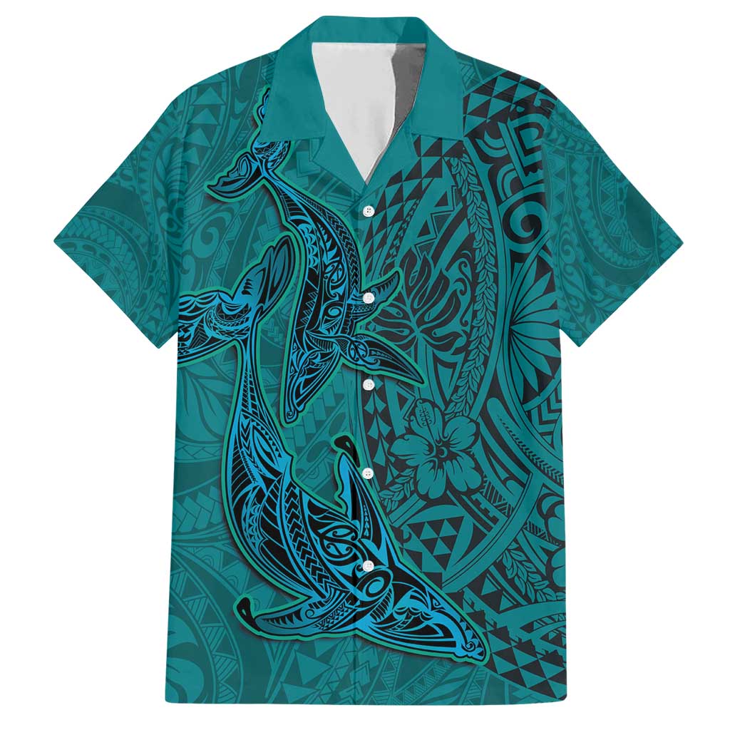 Hawaiian Whales Polynesian Art Motifs Family Matching Short Sleeve Bodycon Dress and Hawaiian Shirt Turquoise Color - Polynesian Pride
