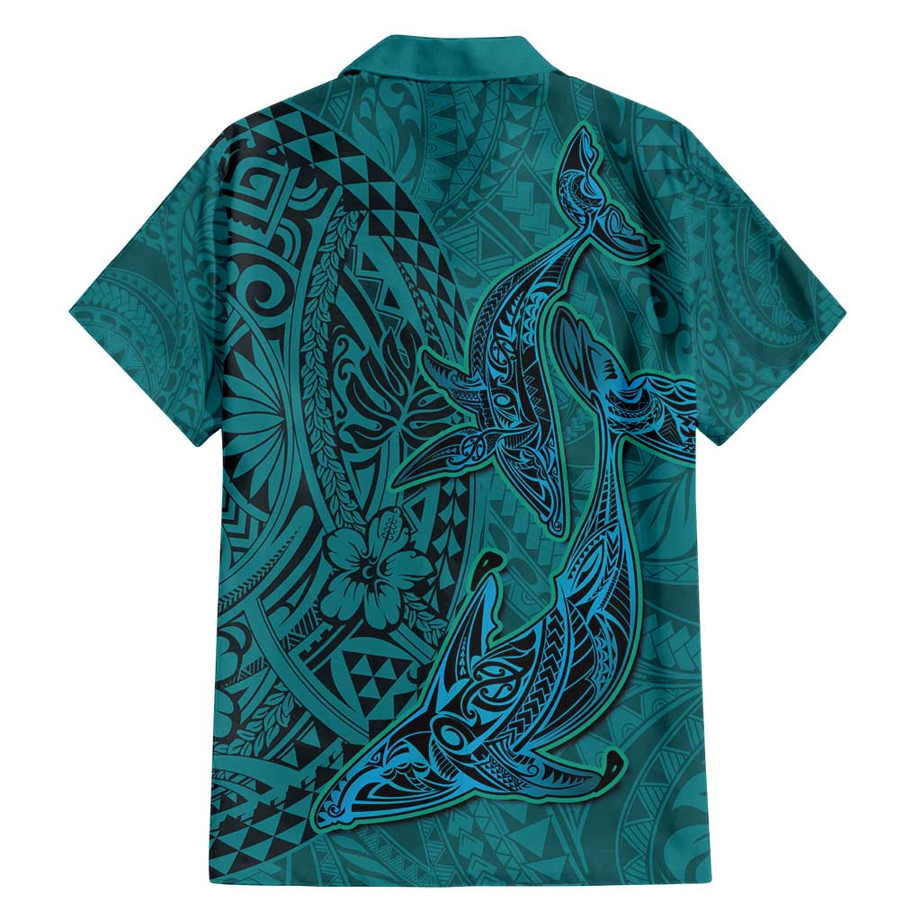 Hawaiian Whales Polynesian Art Motifs Family Matching Summer Maxi Dress and Hawaiian Shirt Turquoise Color - Polynesian Pride