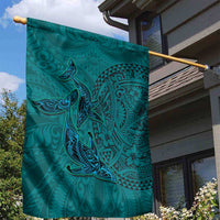 Hawaiian Whales Polynesian Art Motifs Garden Flag Turquoise Color - Polynesian Pride