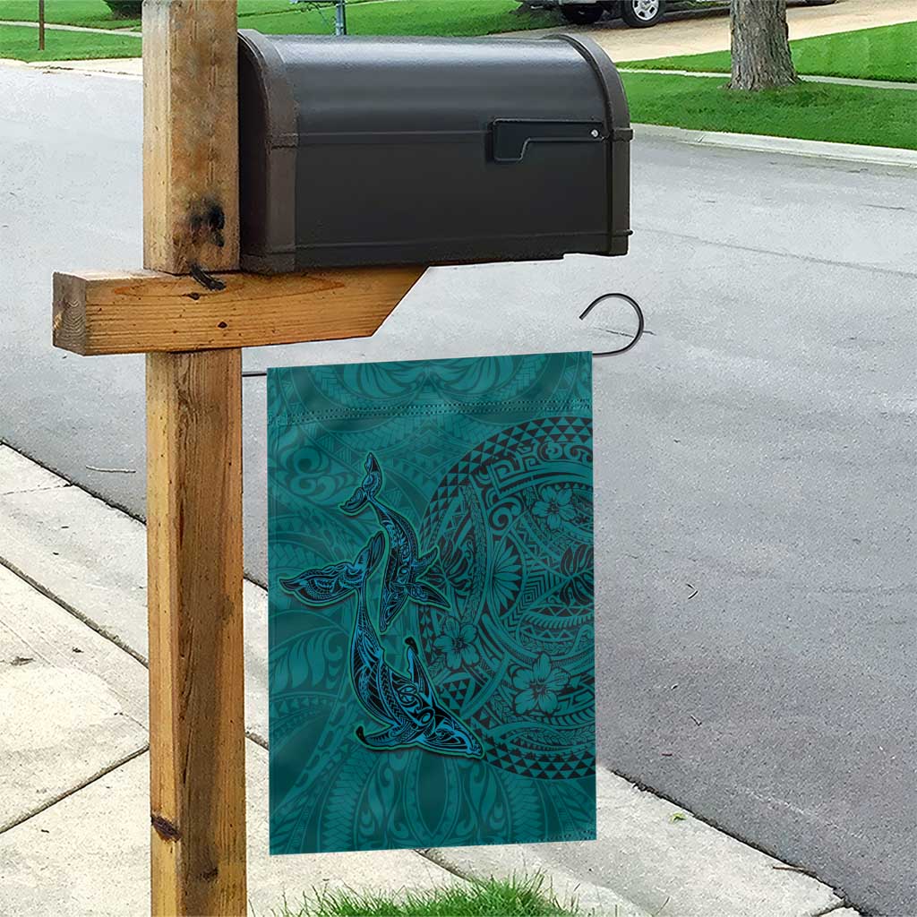 Hawaiian Whales Polynesian Art Motifs Garden Flag Turquoise Color - Polynesian Pride