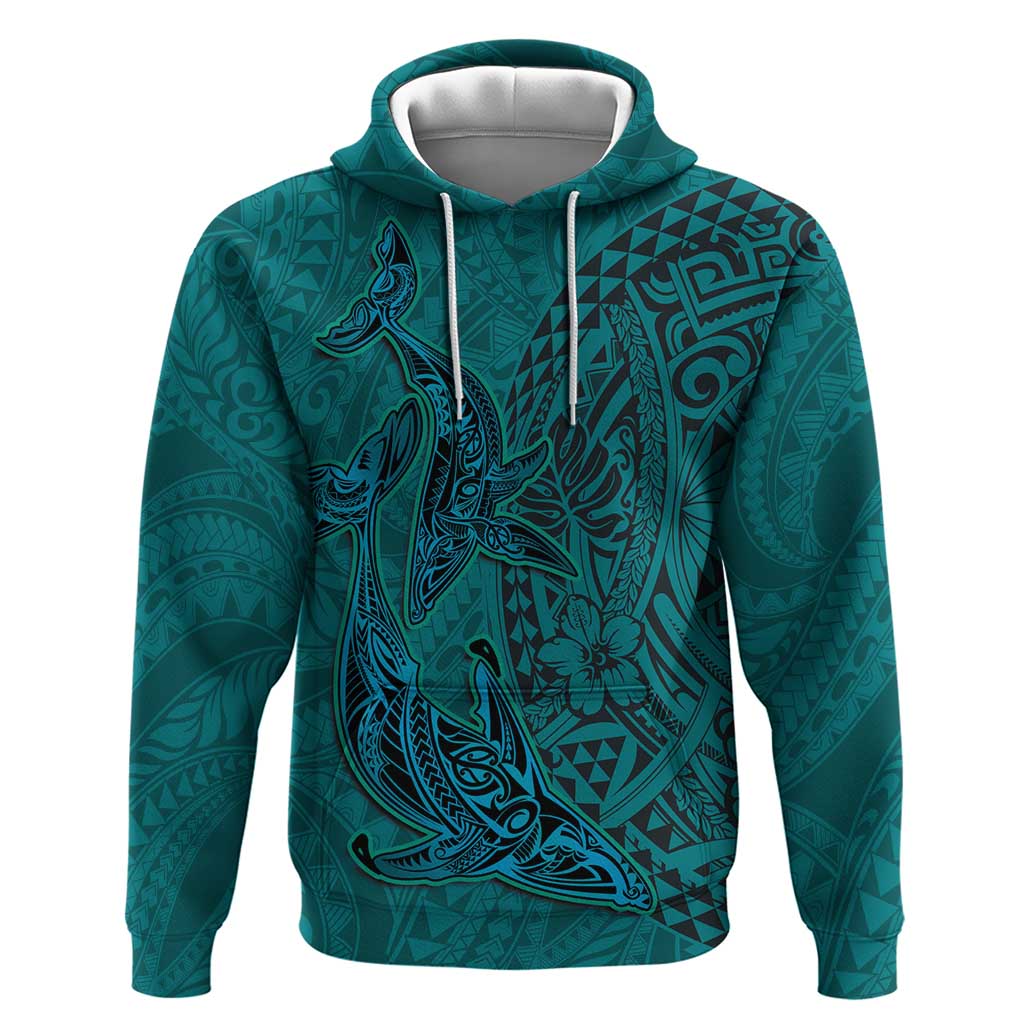 Hawaiian Whales Polynesian Art Motifs Hoodie Turquoise Color - Polynesian Pride