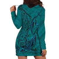 Hawaiian Whales Polynesian Art Motifs Hoodie Dress Turquoise Color - Polynesian Pride