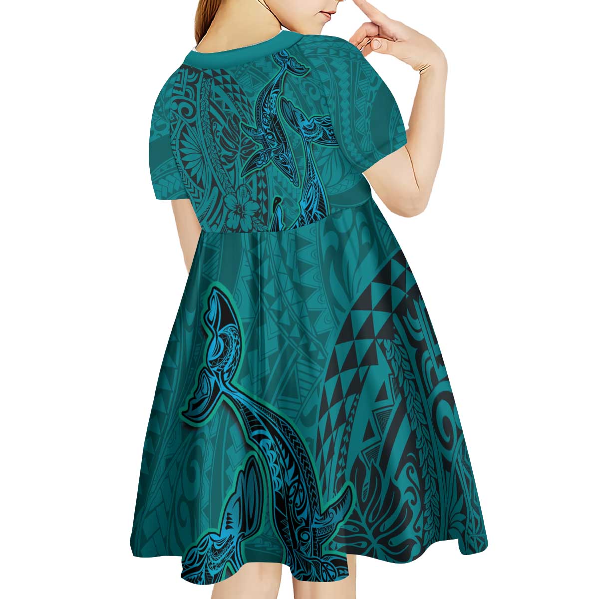 Hawaiian Whales Polynesian Art Motifs Kid Short Sleeve Dress Turquoise Color - Polynesian Pride