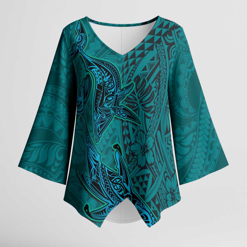 Hawaiian Whales Polynesian Art Motifs Kimono Sleeve Blouse Turquoise Color - Polynesian Pride