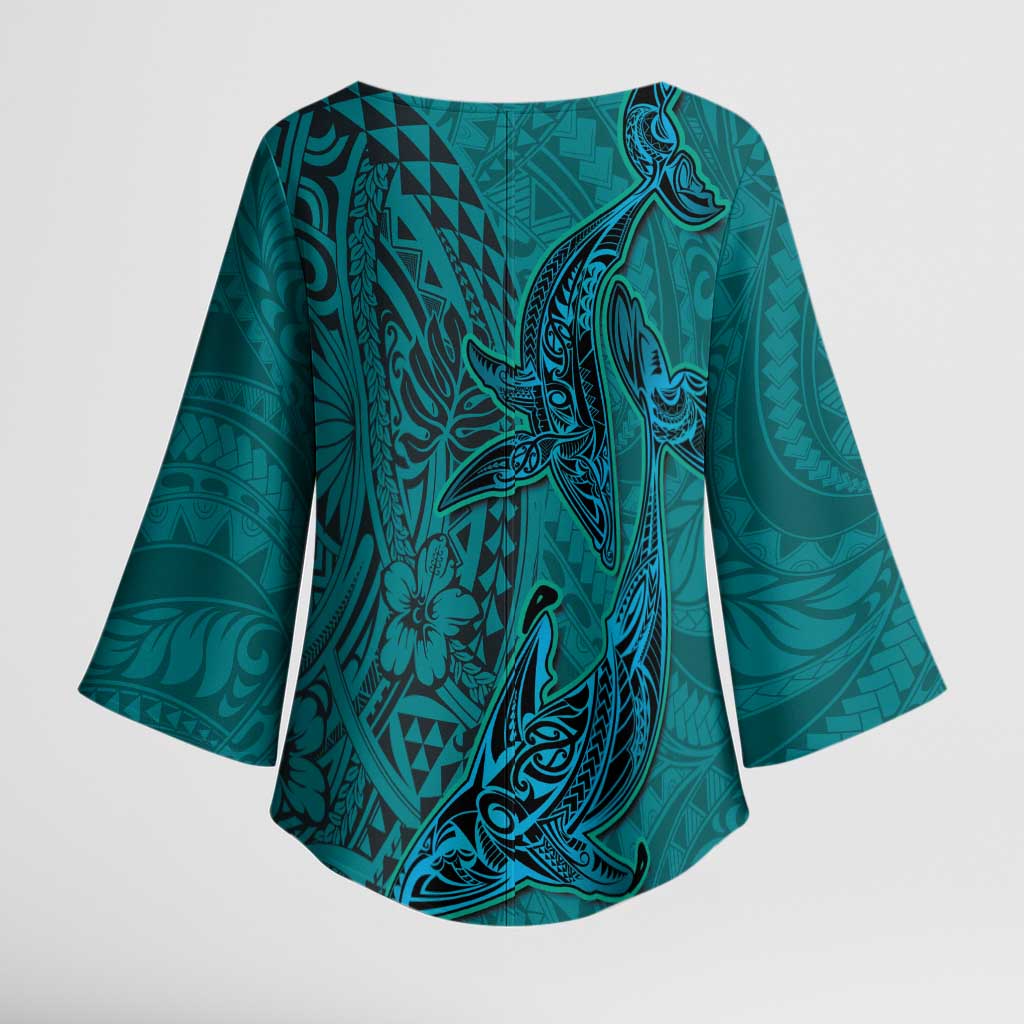 Hawaiian Whales Polynesian Art Motifs Kimono Sleeve Blouse Turquoise Color - Polynesian Pride