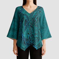 Hawaiian Whales Polynesian Art Motifs Kimono Sleeve Blouse Turquoise Color - Polynesian Pride