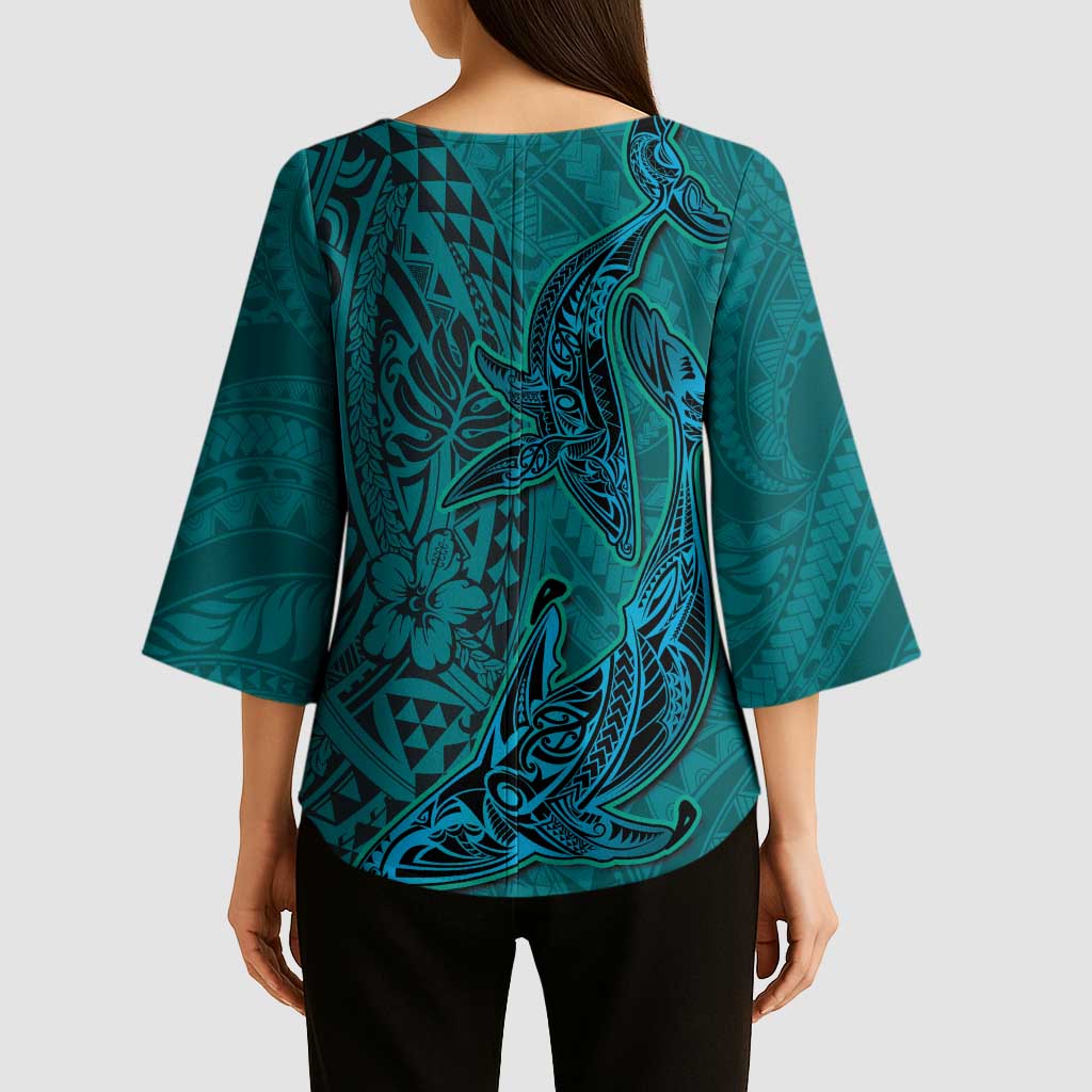 Hawaiian Whales Polynesian Art Motifs Kimono Sleeve Blouse Turquoise Color - Polynesian Pride