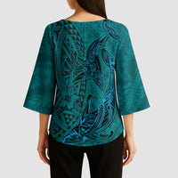 Hawaiian Whales Polynesian Art Motifs Kimono Sleeve Blouse Turquoise Color - Polynesian Pride