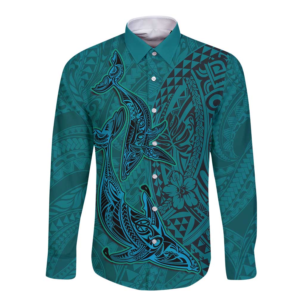 Hawaiian Whales Polynesian Art Motifs Long Sleeve Button Shirt Turquoise Color - Polynesian Pride