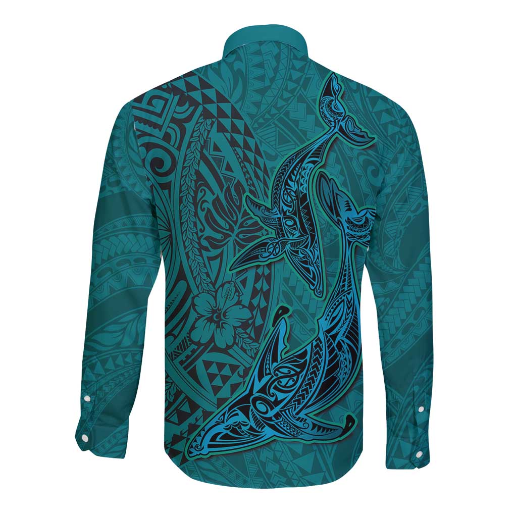 Hawaiian Whales Polynesian Art Motifs Long Sleeve Button Shirt Turquoise Color - Polynesian Pride