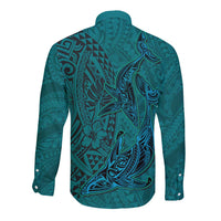 Hawaiian Whales Polynesian Art Motifs Long Sleeve Button Shirt Turquoise Color - Polynesian Pride