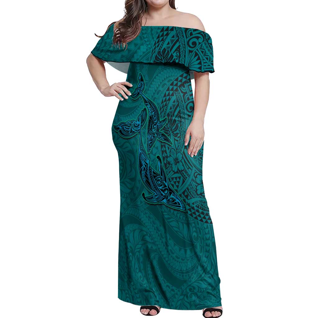 Hawaiian Whales Polynesian Art Motifs Off Shoulder Maxi Dress Turquoise Color - Polynesian Pride
