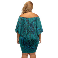 Hawaiian Whales Polynesian Art Motifs Off Shoulder Short Dress Turquoise Color - Polynesian Pride