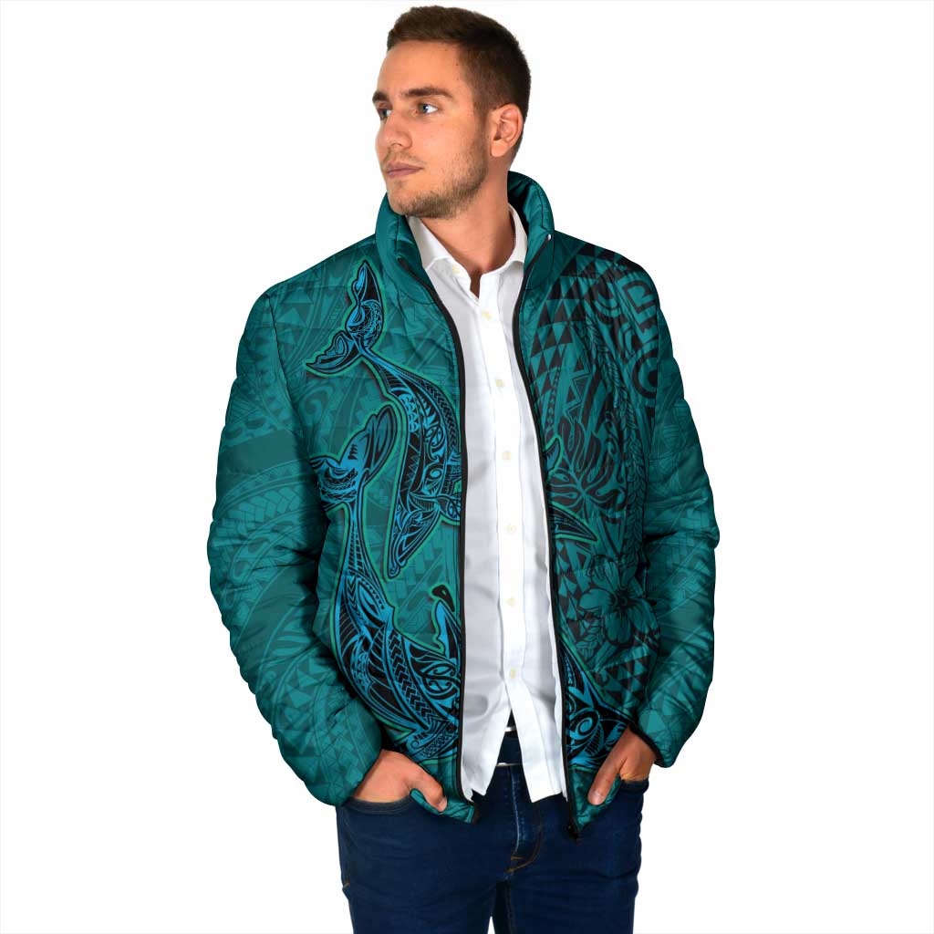 Hawaiian Whales Polynesian Art Motifs Padded Jacket Turquoise Color - Polynesian Pride