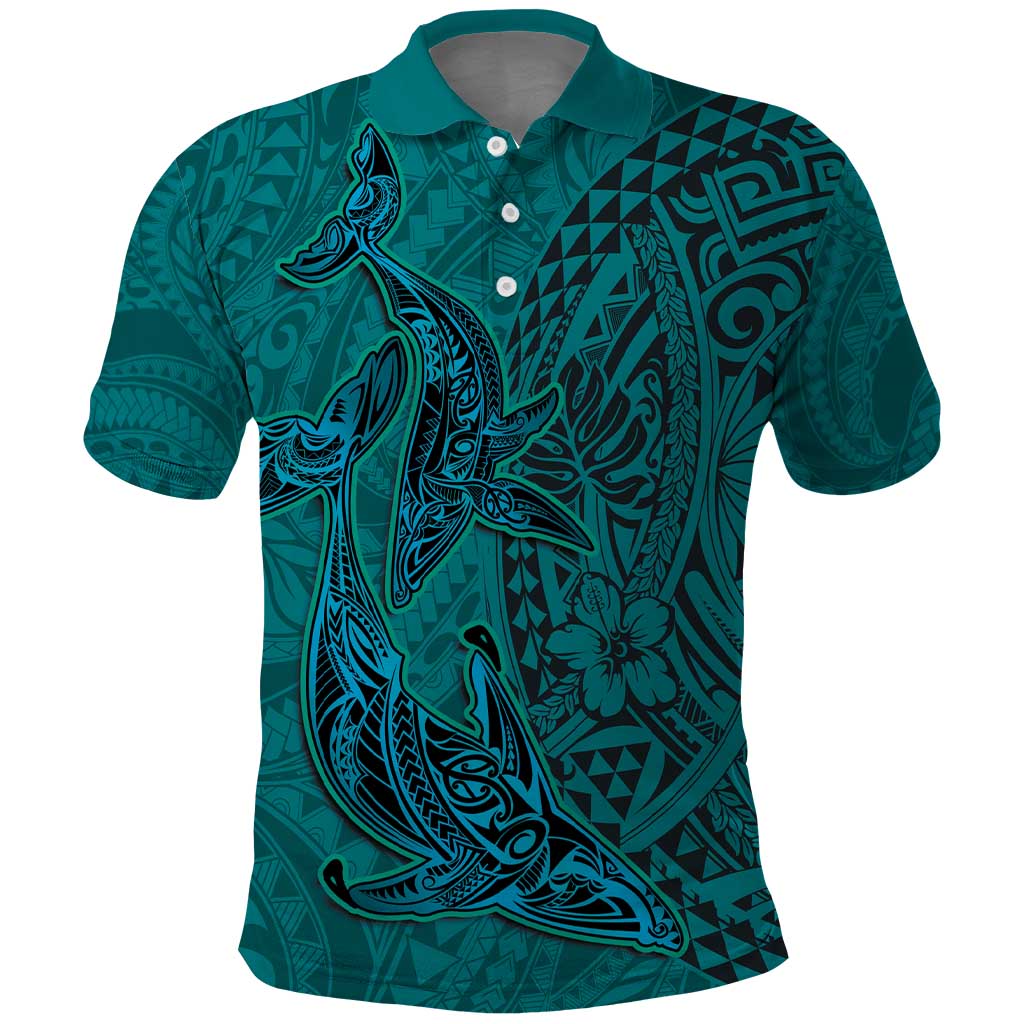 Hawaiian Whales Polynesian Art Motifs Polo Shirt Turquoise Color - Polynesian Pride