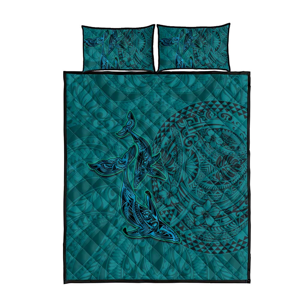 Hawaiian Whales Polynesian Art Motifs Quilt Bed Set Turquoise Color - Polynesian Pride