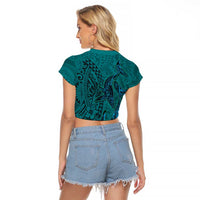 Hawaiian Whales Polynesian Art Motifs Raglan Cropped T Shirt Turquoise Color - Polynesian Pride