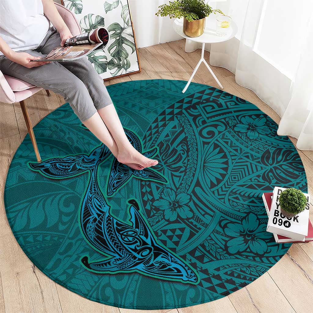 Hawaiian Whales Polynesian Art Motifs Round Carpet Turquoise Color - Polynesian Pride