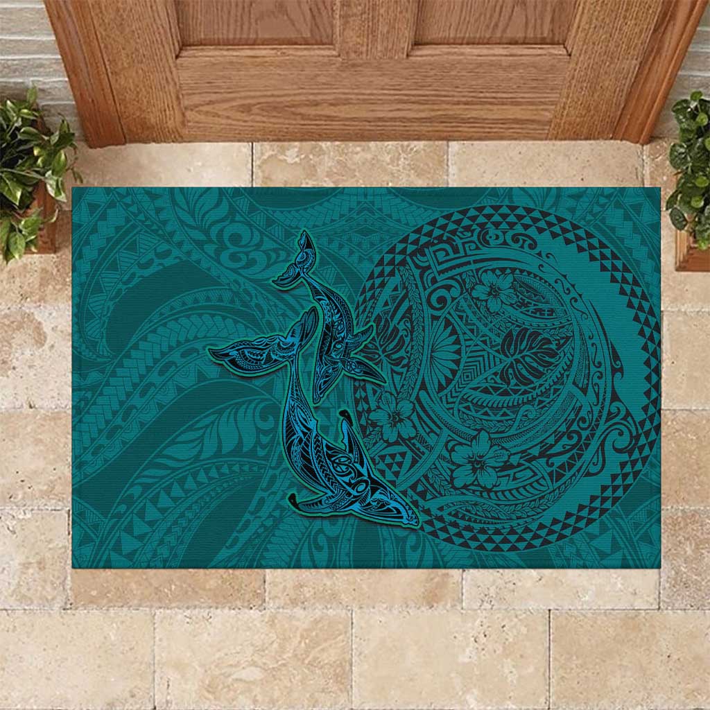 Hawaiian Whales Polynesian Art Motifs Rubber Doormat Turquoise Color - Polynesian Pride