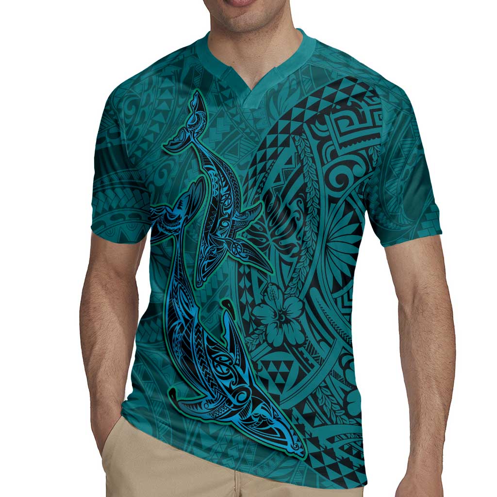 Hawaiian Whales Polynesian Art Motifs Rugby Jersey Turquoise Color - Polynesian Pride