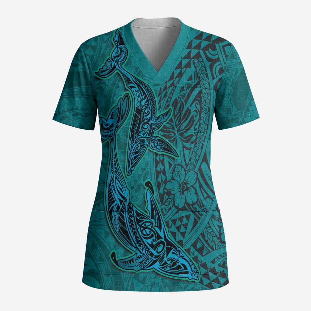 Hawaiian Whales Polynesian Art Motifs Scrub Top Turquoise Color - Polynesian Pride