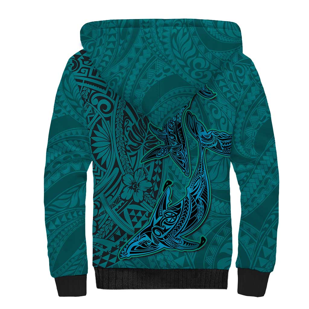 Hawaiian Whales Polynesian Art Motifs Sherpa Hoodie Turquoise Color - Polynesian Pride