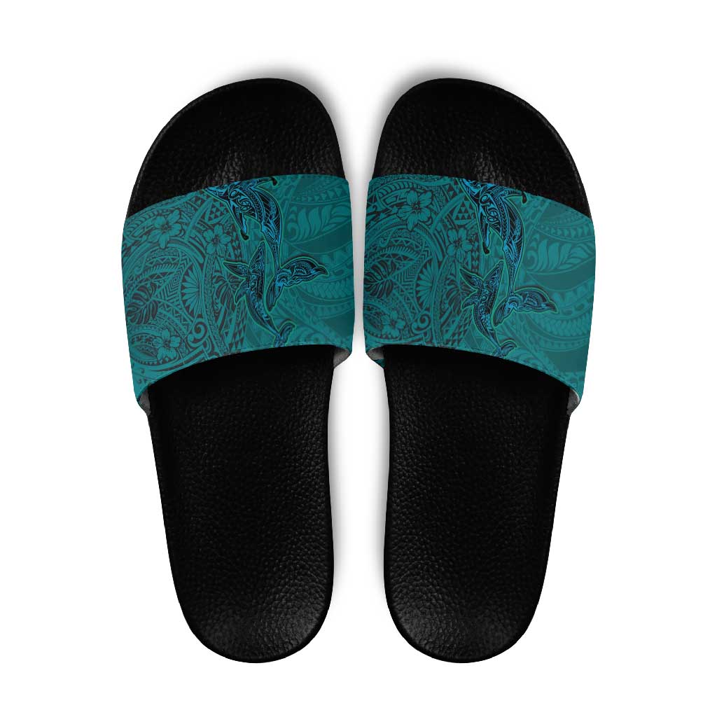 Hawaiian Whales Polynesian Art Motifs Slide Sandals Turquoise Color - Polynesian Pride