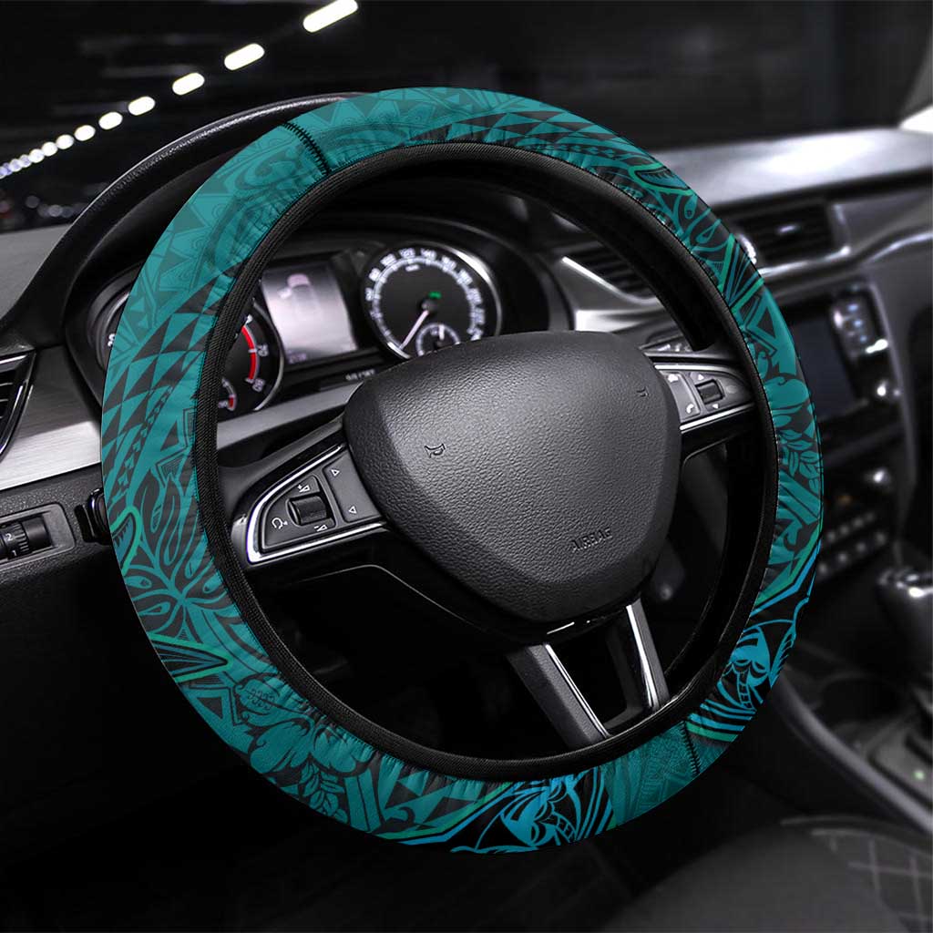 Hawaiian Whales Polynesian Art Motifs Steering Wheel Cover Turquoise Color - Polynesian Pride