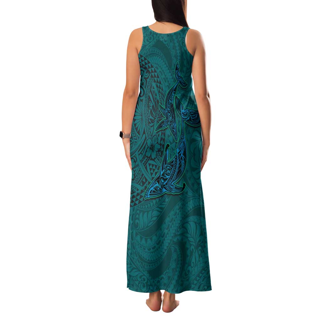 Hawaiian Whales Polynesian Art Motifs Tank Maxi Dress Turquoise Color - Polynesian Pride