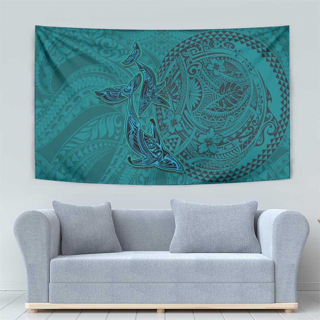 Hawaiian Whales Polynesian Art Motifs Tapestry Turquoise Color - Polynesian Pride