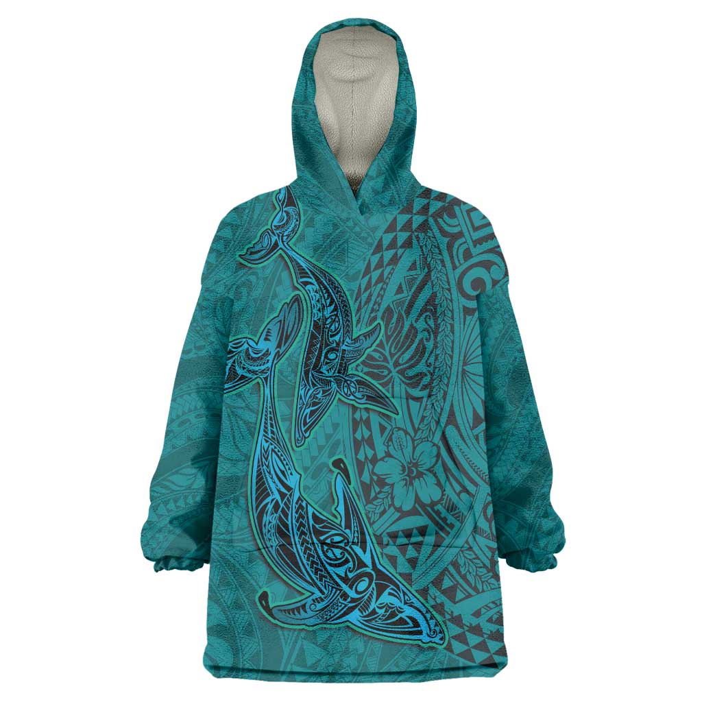 Hawaiian Whales Polynesian Art Motifs Wearable Blanket Hoodie Turquoise Color - Polynesian Pride