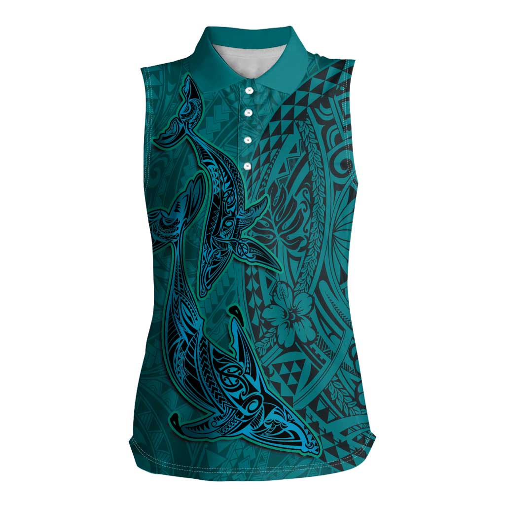 Hawaiian Whales Polynesian Art Motifs Women Sleeveless Polo Shirt Turquoise Color - Polynesian Pride